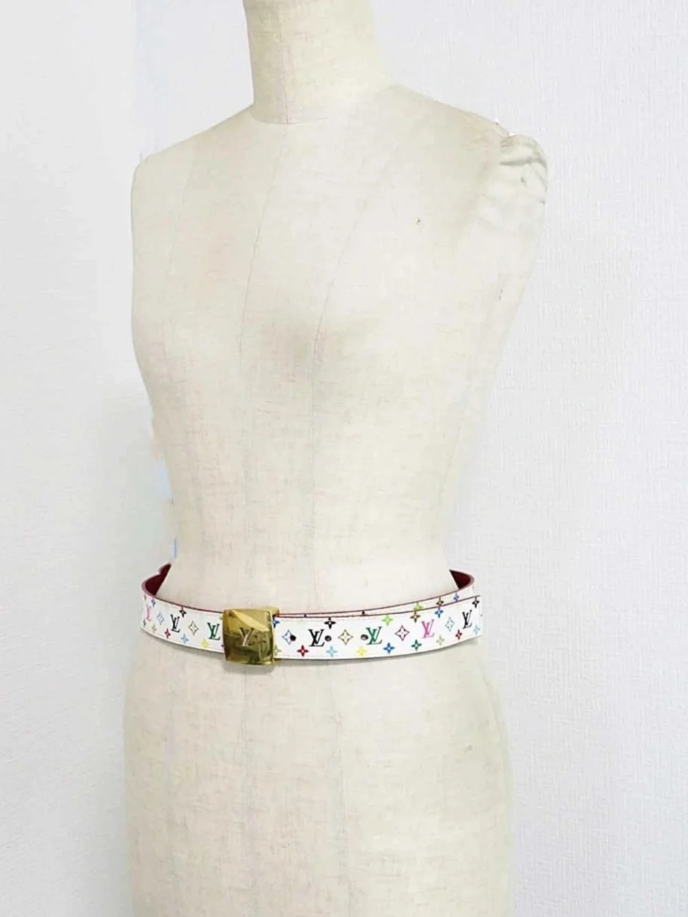 Louis Vuitton White Multicolor Monogram Belt with Gold LV Buckle